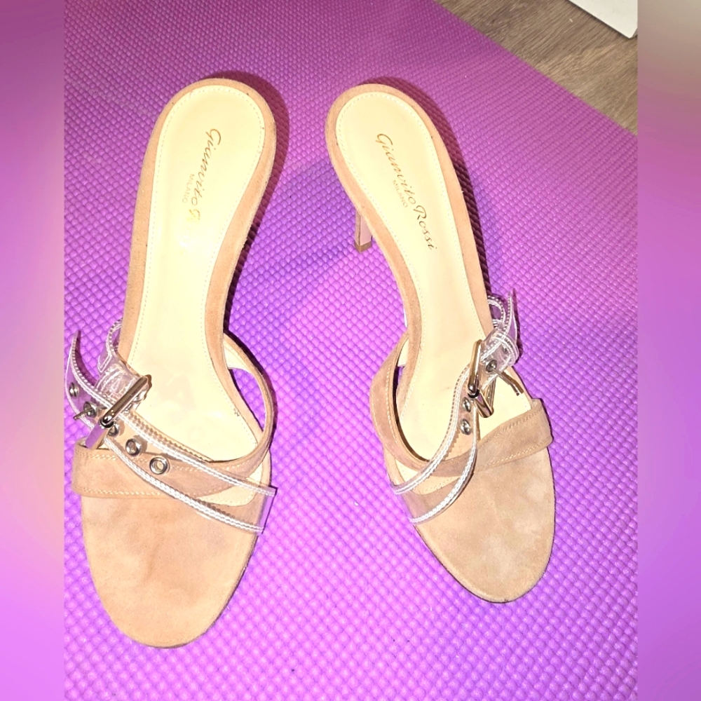 Sergio Rossi nude suade and clear plastic combo sliding hills. Size 8